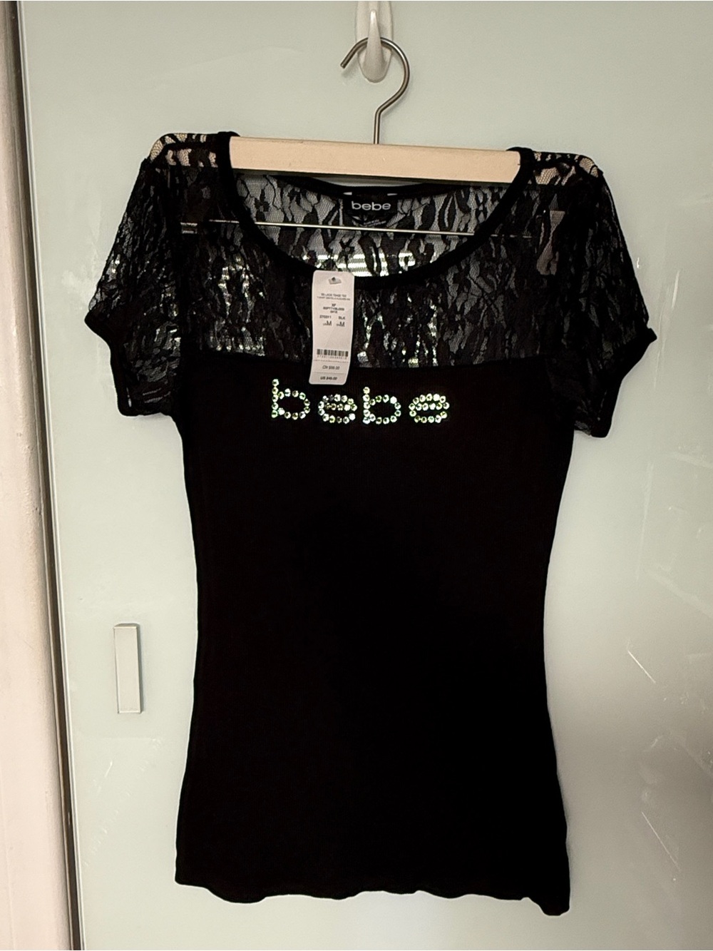 bebe Black Lace Yoke Tee with Iridescent Rhinestone Logo